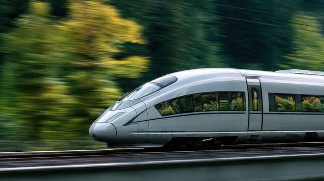 High Speed Train Traveling Through Lush Green Forest Landscape A Modern Bullet Train in Motion Speed and Nature