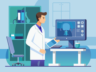 Medical Imaging Analysis Doctor Reviewing Brain Scan on Computer Screen for Diagnosis and Treatment Planning