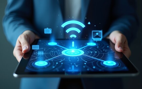 A dynamic image of a Wi-Fi network diagram on a digital tablet, with various devices connected, emphasizing the importance of network management. High quality
