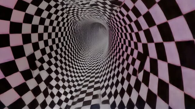 A distorted, checkered tunnel creates a swirling, psychedelic perspective, drawing the eye toward a distant, dark center