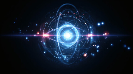 Obraz premium A glowing, futuristic digital representation of an atom with orbiting particles and light effects on a dark background.