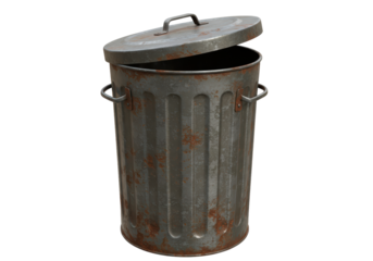 Isolated Rusty Metal Trash Can with Open Lid