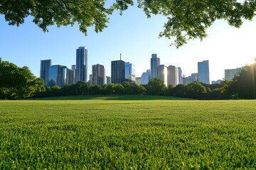City skyline viewed over a grassy park