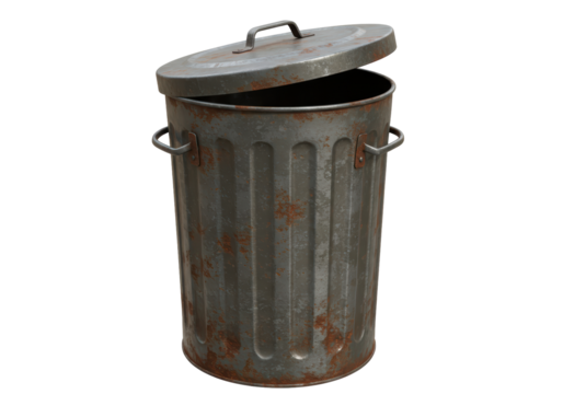 Isolated Rusty Metal Trash Can with Open Lid