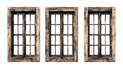 Pack Collection Three Antique Wooden Windows Rustic Architectural Details set against transparent background