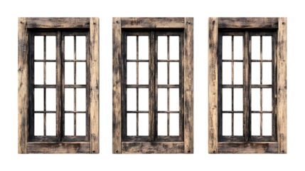 Pack Collection Three Antique Wooden Windows Rustic Architectural Details set against transparent background