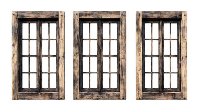 Pack Collection Three Antique Wooden Windows Rustic Architectural Details set against transparent background