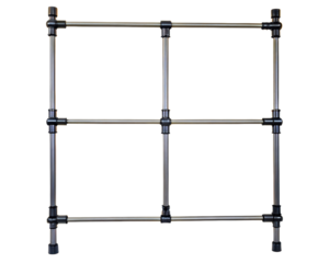 Metal frame constructed from pipes and connectors on a transparent background