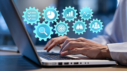 Business Process Optimization: Gears and Laptop Conceptual Image