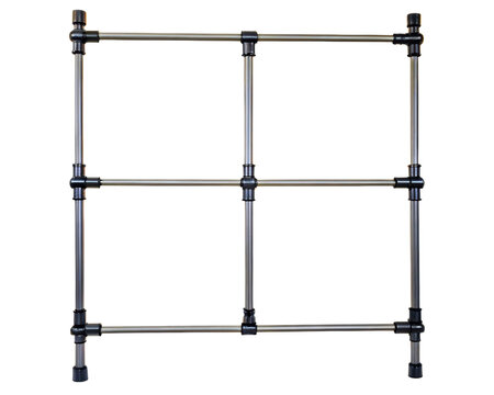 Metal frame constructed from pipes and connectors on a transparent background