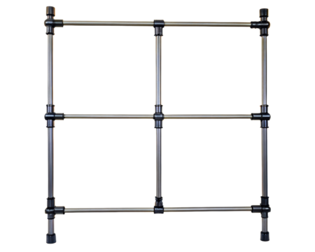 Metal frame constructed from pipes and connectors on a transparent background