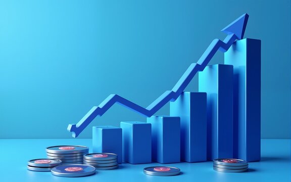 Blue money business graph finance chart diagram on economy 3d coin background with growth financial data concept or investment market profit bar and success market stock technology currency report