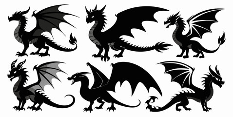 Heraldic black and white dragon and lion silhouettes, ideal for vector tattoo designs or medieval fantasy animal illustrations