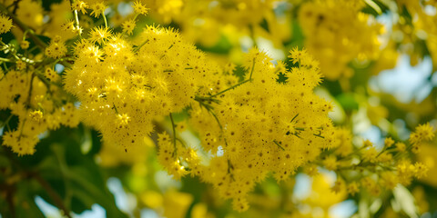 A close up shot of bright yellow wattle flowers in bloom with green leaves around them