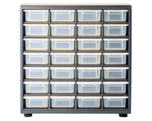 Plastic storage unit with multiple clear drawers on a transparent background