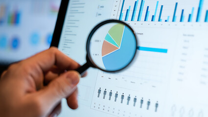 Hand Holding Magnifying Glass Over Computer Screen Showing Charts and Graphs