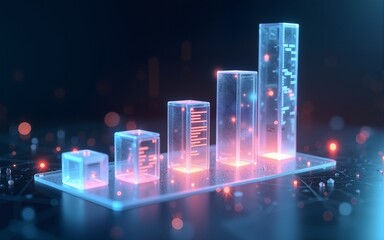 A transparent 3D bar chart with shimmering edges, hovering over a sleek digital surface, displaying dynamic data flowing across the chart, creating an engaging and futuristic visual. High quality
