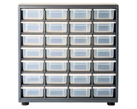 Plastic storage unit with multiple clear drawers on a transparent background