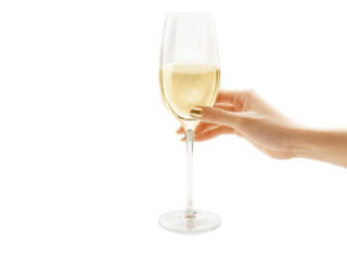 Prosecco in a tulip glass, held by a hand with light tan skin and a neutral manicure. The golden liquid