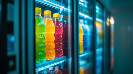 A vibrant vending machine offers refreshing drinks, set in a stylish backdrop with lush, colorful plants