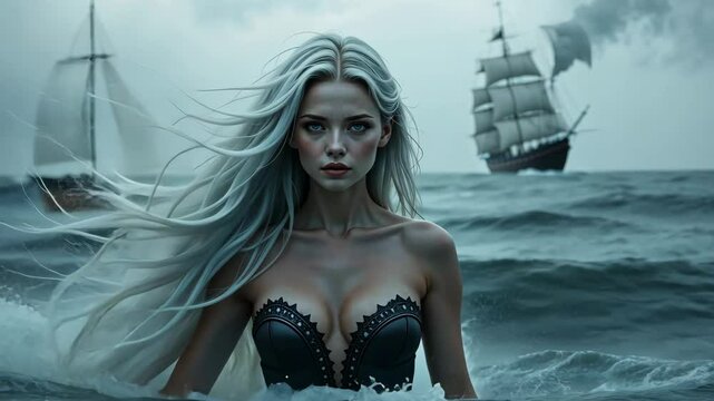 Blonde caucasian mermaid woman with long hair emerging from ocean water with sailing ship in background on cloudy day. Concept of fantasy marine legend