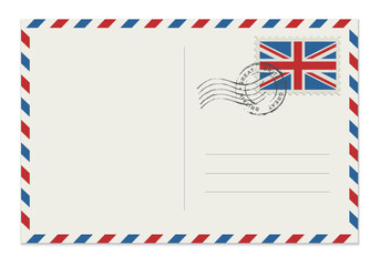 Blank English postcard with rubber stamp. Mockup realistic postcard  and postage stamp with Great Britain flag.