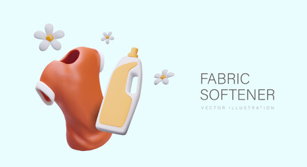 Fabric softener concept. Aromatic detergent for clothes. Vector horizontal poster in realistic style. Shirt, chamomile flowers, large plastic bottle with blank label