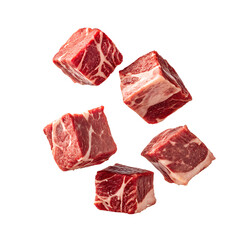 Obraz premium Five cubes of raw marbled beef on a black background. The meat displays rich red color with white fat marbling, ideal for cooking or culinary presentations.