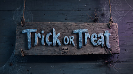 蜘蛛の巣と枯れ枝に覆われた古い木製ハロウィン看板 | 風化した板