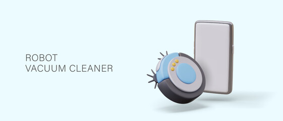 Wireless robot vacuum cleaner, autonomous gadget. Concept of controlling floor cleaning device. 3D gadget, smartphone with blank screen. Advertising concept with place for text