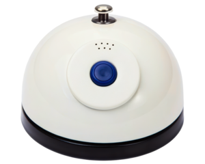 White service bell with a prominent blue button on a transparent background