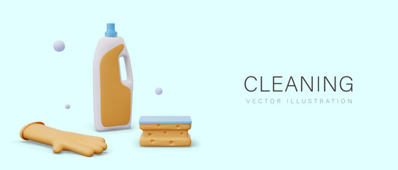 Commercial cleaning concept on blue background. Vector composition in 3D style. Advertising agency, company, business. Rubber glove, sponge, plastic bottle with bubbles