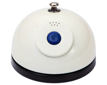 White service bell with a prominent blue button on a transparent background