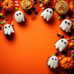 Obraz premium Halloween ghost cupcakes and candies on orange background
