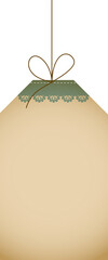 Beige hanging tag with green patterned top and lace trim