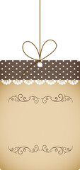 Hanging tag with brown polka dot and lace top, and space for text