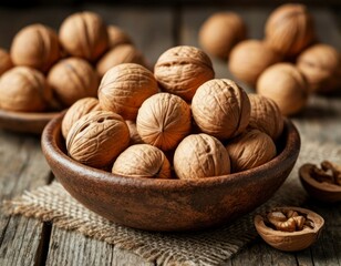 Walnuts in a Bowl on Rustic Wooden Surface