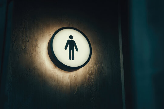 Gender neutral bathroom symbol glowing softly on dark wall, modern inclusive restroom sign, minimalistic design, welcoming atmosphere, suitable for public spaces