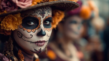 Close-up of woman with catrina makeup celebrating day of the dead, a vibrant mexican tradition