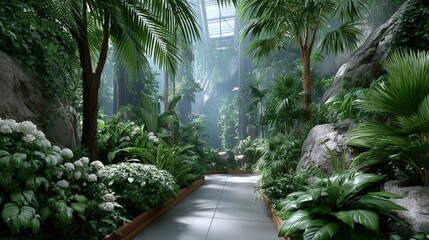 Vibrant tropical jungle showcasing dense green foliage and a bright path with sunlight filte through the glass ceiling above it all.