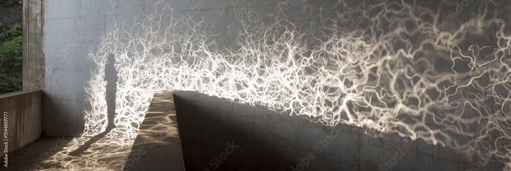 Poster sunlight creates intricate nervous system pattern shadow on a concrete wall in a tranquil outdoor sp
