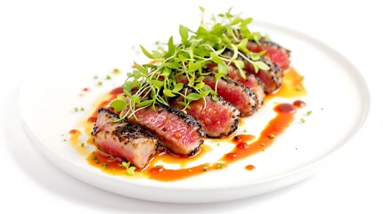 Seared tuna steak recipe with sesame seeds and microgreens on white plate food photography dish gourmet