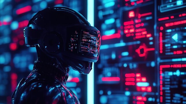 Person, modern VR headset, futuristic attire, holographic interface, high-tech server background