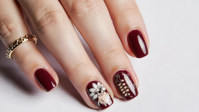 Burgundy nail art with animal and leaf designs on woman's nails