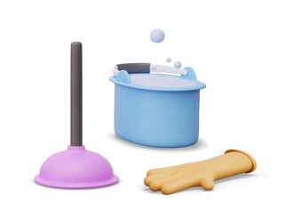 Realistic plunger, plastic bucket with soap foam, rubber glove. Set of color elements for manual wet cleaning. Classic tool for cleaning clogged sewer pipes