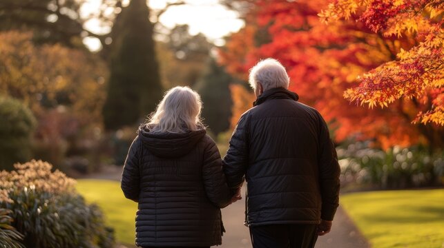 A realistic candid photograph of a caregiver helping an elderly person enjoy a walk in a beautiful, accessible garden, with soft, diffused sunlight filtering through the leaves. The composition uses