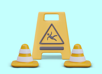 Slippery area warning concept. Vector group in realistic style closeup. Falling man sign, signal bright cones. Composition on blue background. Repair works