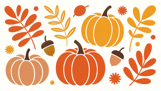 Autumn harvest pumpkins leaves and acorns