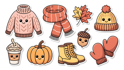 Adorable autumn and winter kawaii stickers