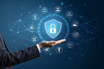 Businessman presenting a glowing shield icon. Concept for cybersecurity, data protection, network safety, and business technology solutions. generative ai